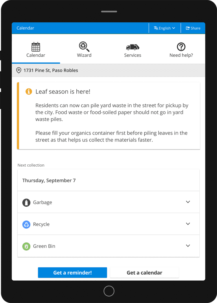 Waste Management Schedule | Solid Waste Calendar | Software Screenshot