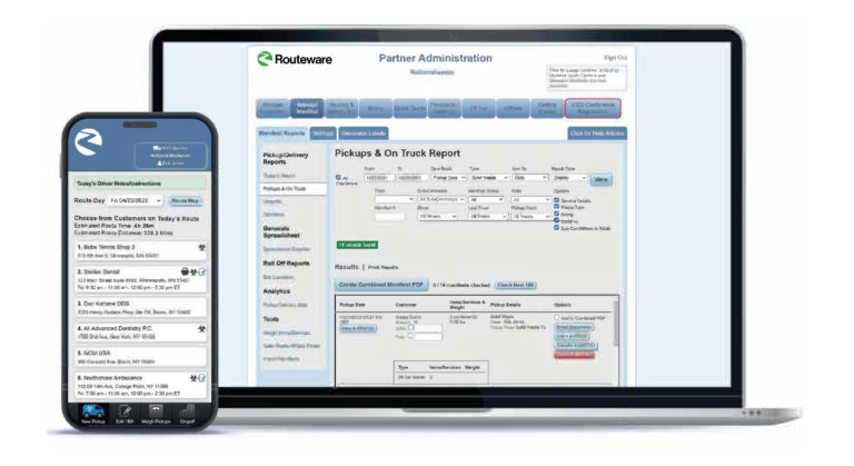 Computer screen displaying Routeware's medical waste management software with a feature for fast and efficient invoicing, highlighting quicker payment processing.