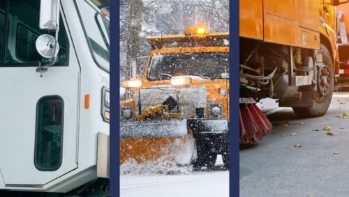 Fleet vehicles operating under unified scheduling software for waste, snow, and street cleaning.