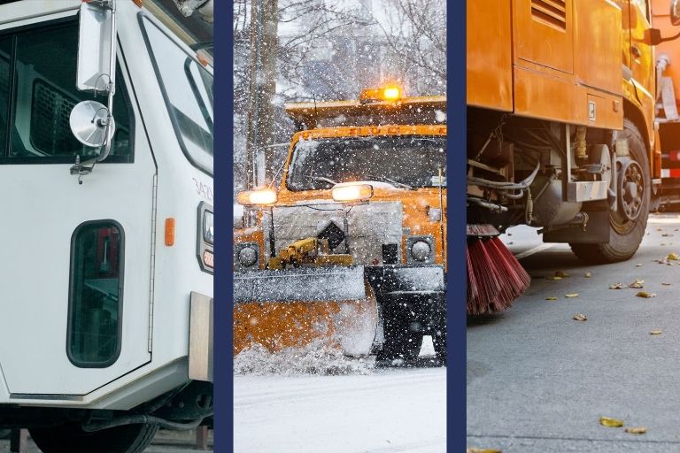 Fleet vehicles operating under unified scheduling software for waste, snow, and street cleaning.