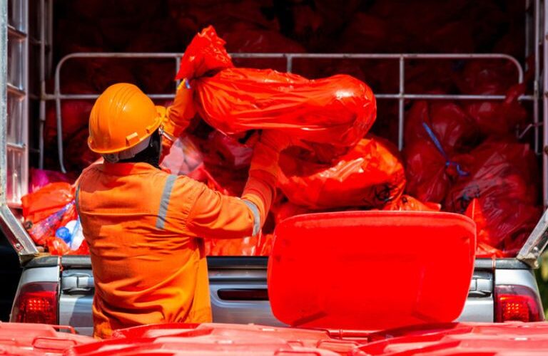 Medical waste containers and staff using a medical waste management system for safe disposal and tracking.