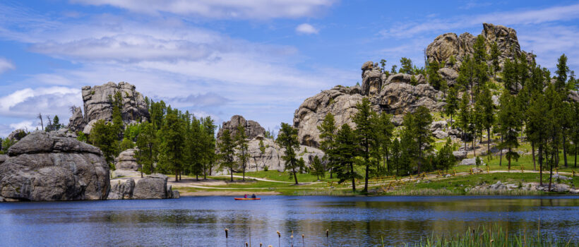 Sylvan Lake in Custer State Park of the Black Hills, South Dakota, United States: Tranquil popular place for swimming, canoeing, hiking, picnicking and rock climbing