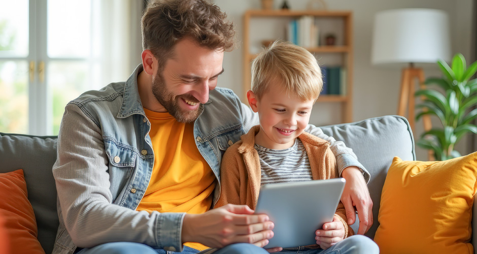 Photo of a father and a child holding a laptop